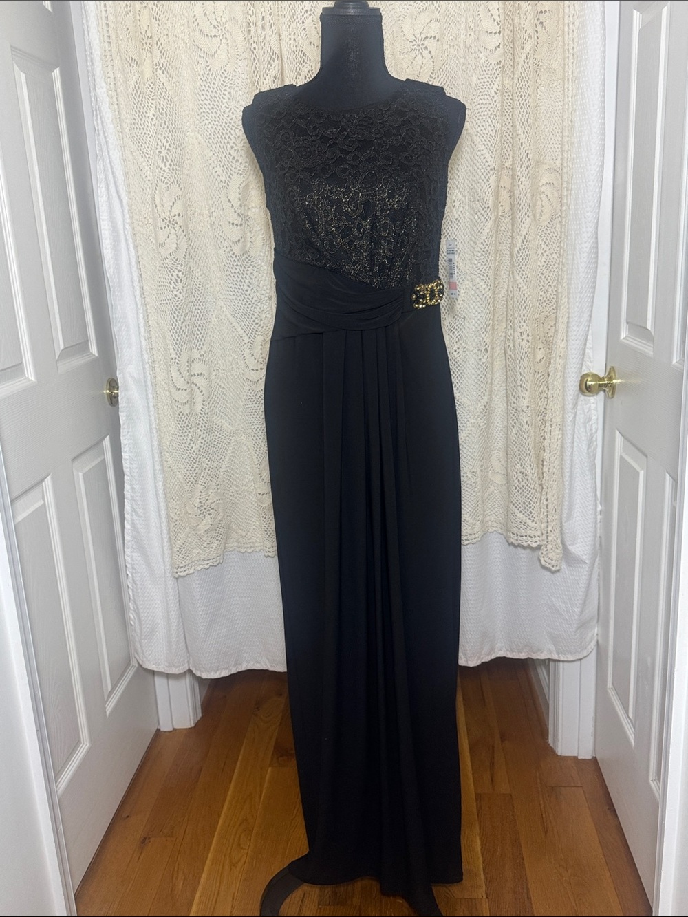 R&M Richards Black Formal Maxi Dress with Gold Waist Accent
